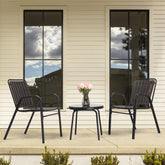 HAOYYE 3 Piece Patio Bistro Table Set Outdoor Furniture Set with 2 Stackable Dining Chairs and Glass Top Table Weather Resistant Black Metal Frame and Coffee PP Slats for Yard Balcony Porch Deck